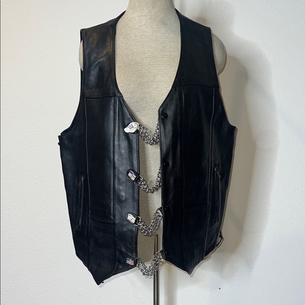 First Classics Leather Motorcycle Vest with Eagle and Flag Chain Vest Extenders